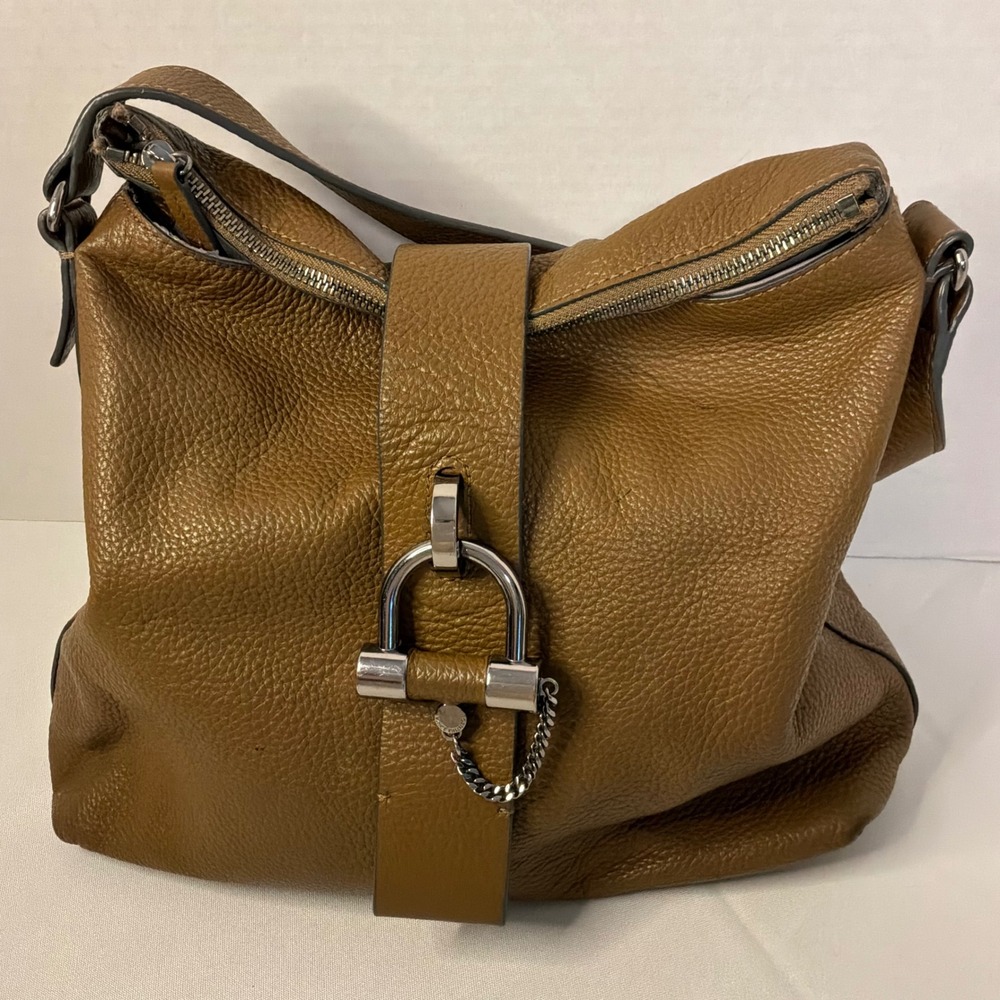Vince Camuto Tan Pebbled Leather Hobo Bag Silver Stirrup Buckle Shoulder Bag